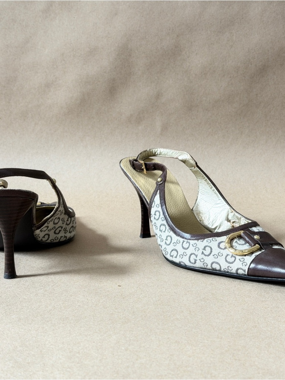 Calvin Klein Cream & Brown Slingback Heels with Gold Buckle relined.